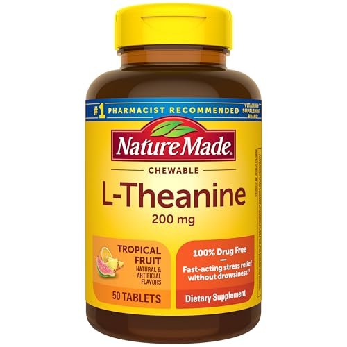 Nature Made Kaubare L-Theanin 200 mg – Nahrungsergänzungsmittel zur Stressbewältigung, 50 Kautabletten, 50-Tage-Vorrat