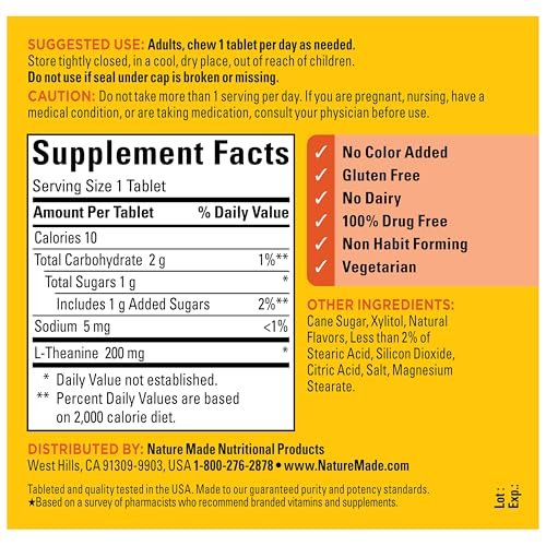 Nature Made Kaubare L-Theanin 200 mg – Nahrungsergänzungsmittel zur Stressbewältigung, 50 Kautabletten, 50-Tage-Vorrat