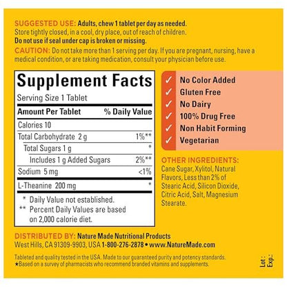 Nature Made Kaubare L-Theanin 200 mg – Nahrungsergänzungsmittel zur Stressbewältigung, 50 Kautabletten, 50-Tage-Vorrat