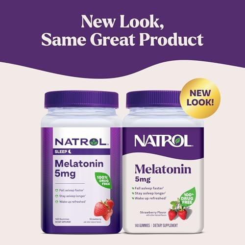 Natrol 5 mg Melatonin Gummis – Schlafunterstützung für Erwachsene, 140 Erdbeer-Gummis, 70-Tage-Vorrat