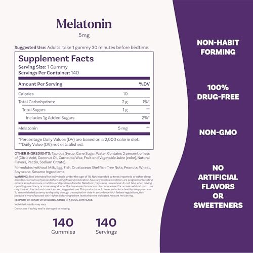 Natrol 5 mg Melatonin Gummis – Schlafunterstützung für Erwachsene, 140 Erdbeer-Gummis, 70-Tage-Vorrat