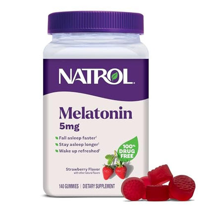 Natrol 5 mg Melatonin Gummis – Schlafunterstützung für Erwachsene, 140 Erdbeer-Gummis, 70-Tage-Vorrat