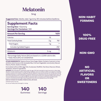 Natrol 5 mg Melatonin Gummis – Schlafunterstützung für Erwachsene, 140 Erdbeer-Gummis, 70-Tage-Vorrat