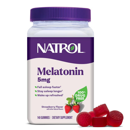Natrol 5 mg Melatonin Gummis – Schlafunterstützung für Erwachsene, 140 Erdbeer-Gummis, 70-Tage-Vorrat