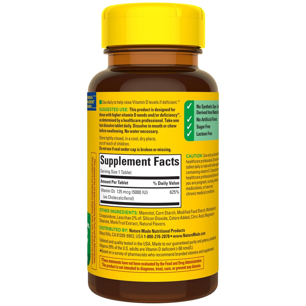 Nature Made Vitamin D3 5000 IE (125 µg) Extra Stärke – 70 zuckerfreie, schnell lösliche Tabletten für 70 Tage – Immununterstützung