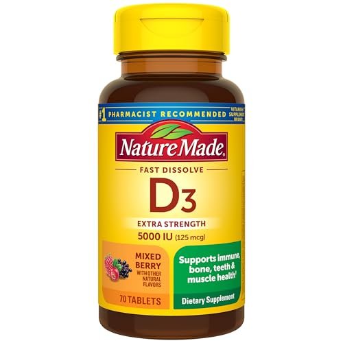 Nature Made Vitamin D3 5000 IE (125 µg) Extra Stärke – 70 zuckerfreie, schnell lösliche Tabletten für 70 Tage – Immununterstützung