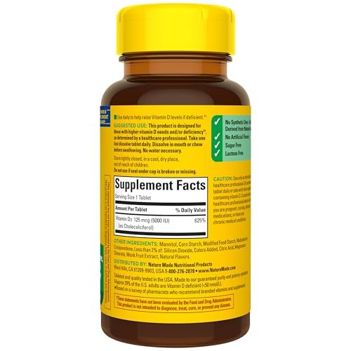 Nature Made Vitamin D3 5000 IE (125 µg) Extra Stärke – 70 zuckerfreie, schnell lösliche Tabletten für 70 Tage – Immununterstützung