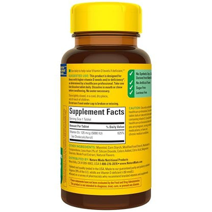 Nature Made Vitamin D3 5000 IE (125 µg) Extra Stärke – 70 zuckerfreie, schnell lösliche Tabletten für 70 Tage – Immununterstützung