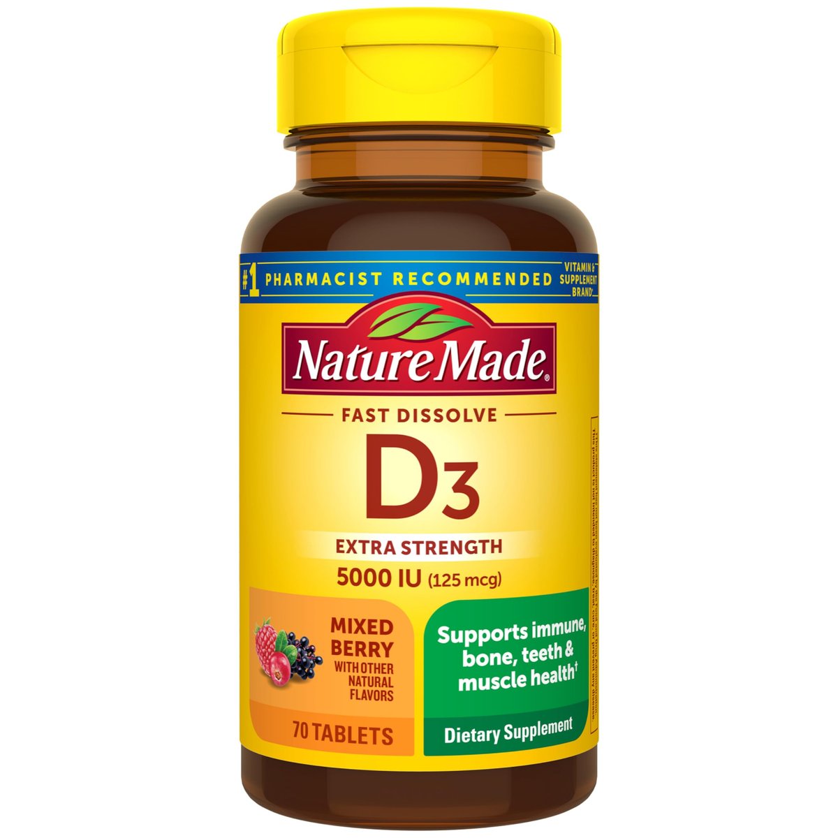 Nature Made Vitamin D3 5000 IE (125 µg) Extra Stärke – 70 zuckerfreie, schnell lösliche Tabletten für 70 Tage – Immununterstützung