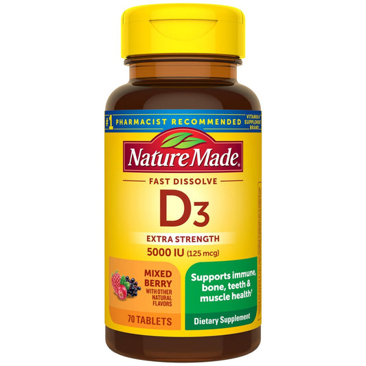 Nature Made Vitamin D3 5000 IE (125 µg) Extra Stärke – 70 zuckerfreie, schnell lösliche Tabletten für 70 Tage – Immununterstützung