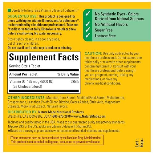 Nature Made Vitamin D3 5000 IE (125 µg) Extra Stärke – 70 zuckerfreie, schnell lösliche Tabletten für 70 Tage – Immununterstützung