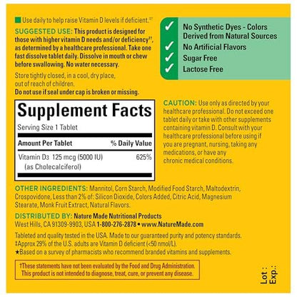 Nature Made Vitamin D3 5000 IE (125 µg) Extra Stärke – 70 zuckerfreie, schnell lösliche Tabletten für 70 Tage – Immununterstützung