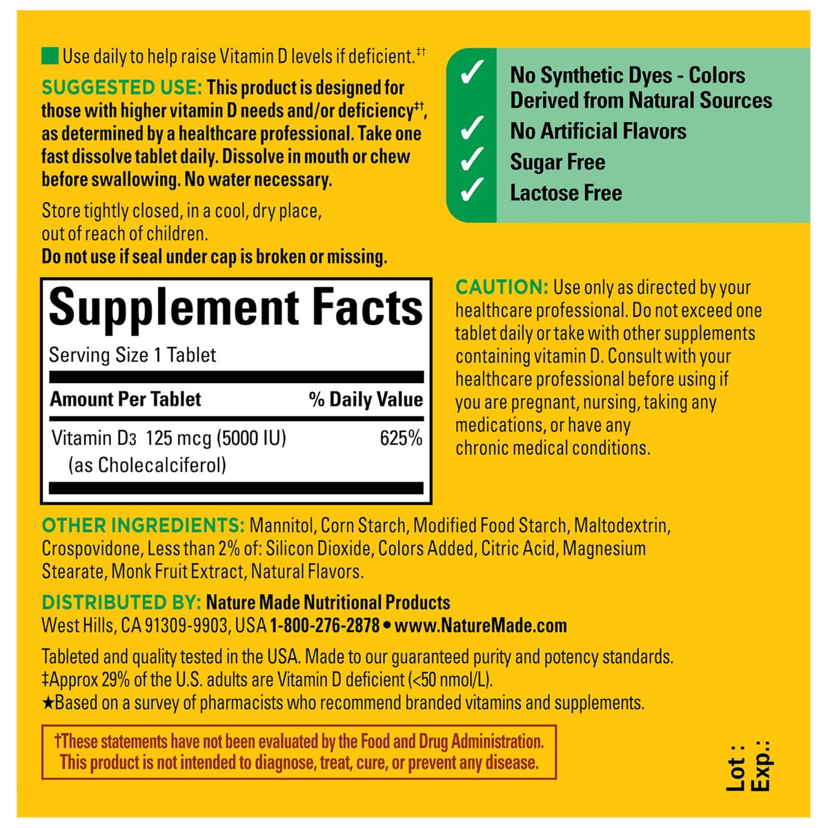 Nature Made Vitamin D3 5000 IE (125 µg) Extra Stärke – 70 zuckerfreie, schnell lösliche Tabletten für 70 Tage – Immununterstützung