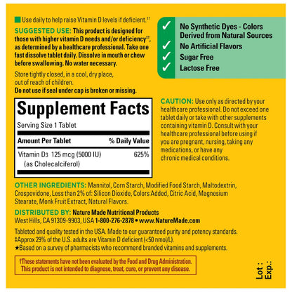 Nature Made Vitamin D3 5000 IE (125 µg) Extra Stärke – 70 zuckerfreie, schnell lösliche Tabletten für 70 Tage – Immununterstützung