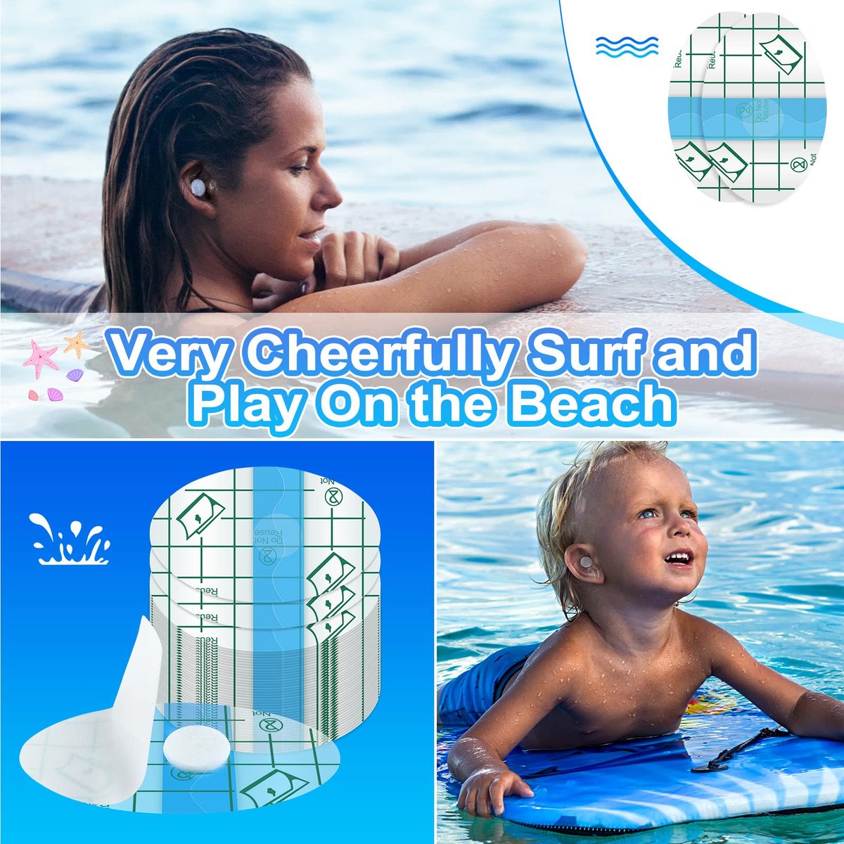 Teling 300 Stück Einweg-Baby-Ohrenschützer für Schwimmen, Wasserdichte Baby-Dusch-Ohrenschützer für Badeschutz, Neugeborenen-Aufkleber, Wattebällchen für Kinder, Schwimmen, Surfen, Schnorcheln, Wassersport (Blau)