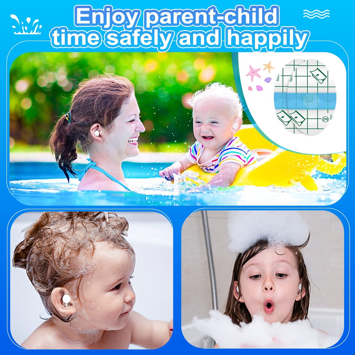 Teling 300 Stück Einweg-Baby-Ohrenschützer für Schwimmen, Wasserdichte Baby-Dusch-Ohrenschützer für Badeschutz, Neugeborenen-Aufkleber, Wattebällchen für Kinder, Schwimmen, Surfen, Schnorcheln, Wassersport (Blau)