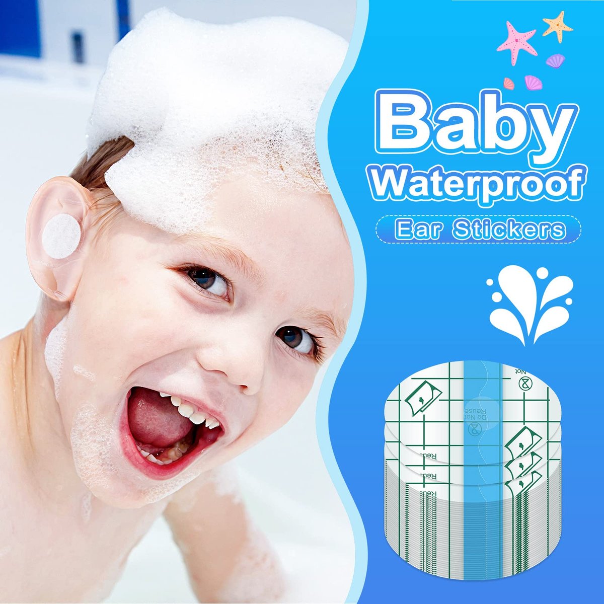 Teling 300 Stück Einweg-Baby-Ohrenschützer für Schwimmen, Wasserdichte Baby-Dusch-Ohrenschützer für Badeschutz, Neugeborenen-Aufkleber, Wattebällchen für Kinder, Schwimmen, Surfen, Schnorcheln, Wassersport (Blau)