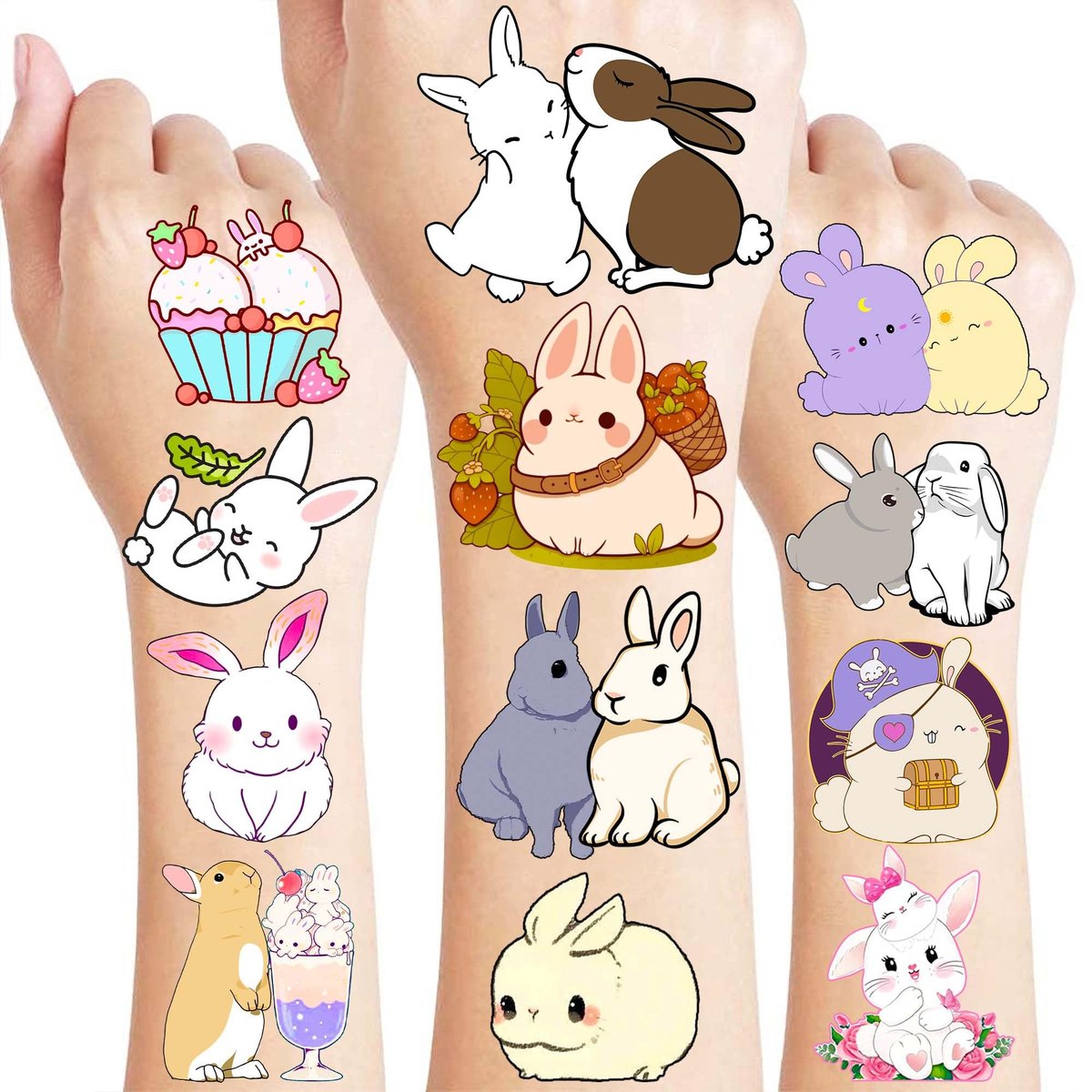 8 Blätter (96 Stück) Temporäre Hasen Tattoos für Kinder - Süße Osterhasen Geburtstagsparty Mitgebsel, Karotten Tattoo Aufkleber für Jungen und Mädchen, Klassenzimmer Belohnungen