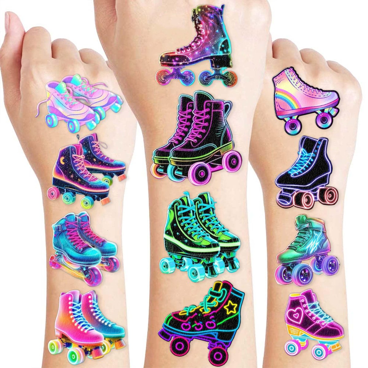 Neon Roller Skate Temporäre Tattoos - 8 Bögen (96 Stück) 80s 90s Party Dekorationen für Kindergeburtstag, Geschenke, Schulpreise