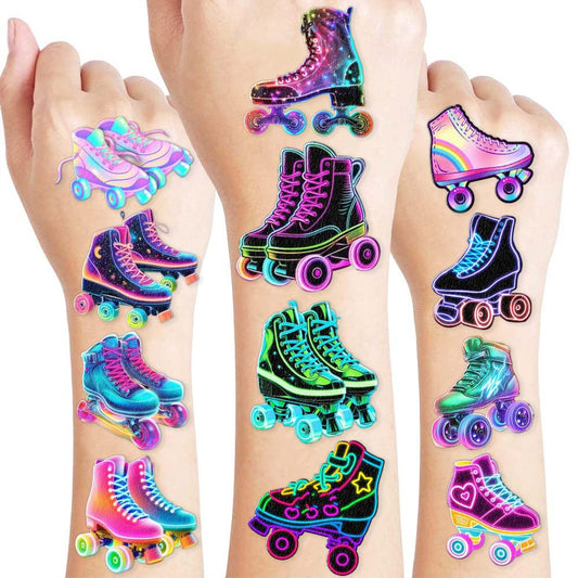 Neon Roller Skate Temporäre Tattoos - 8 Bögen (96 Stück) 80s 90s Party Dekorationen für Kindergeburtstag, Geschenke, Schulpreise