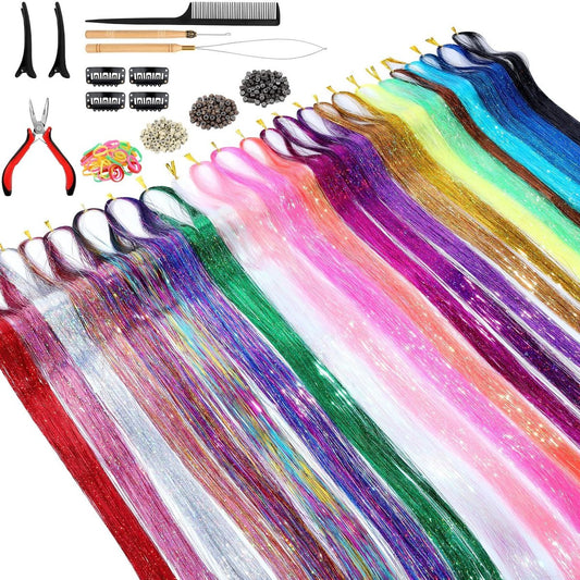 Hair Tinsel Kit (122 cm, 24 Farben, 6000 Strähnen) – Hitzebeständige Glitzer-Haarextensions mit Werkzeug für Frauen