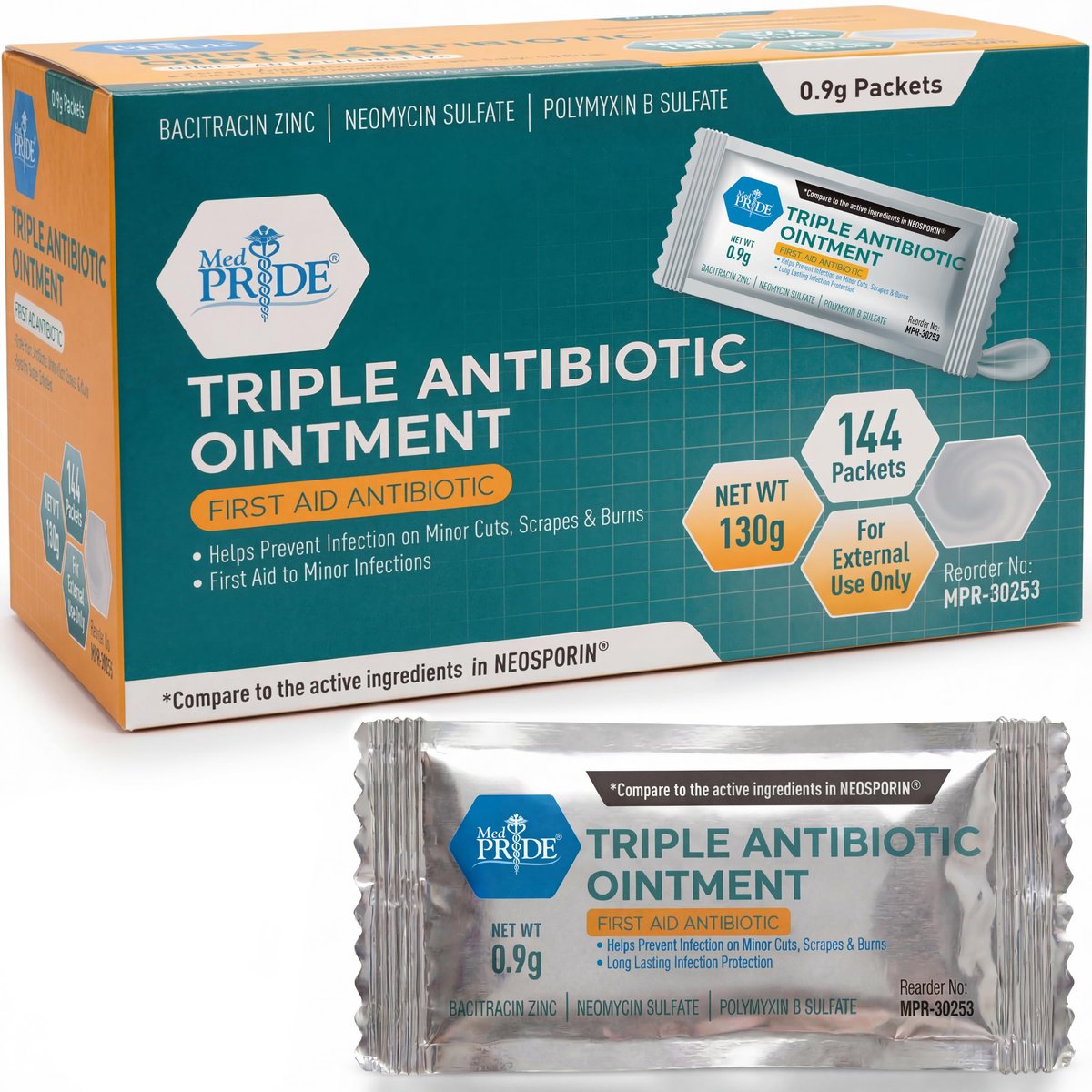 MED PRIDE Dreifach-Antibiotika-Salbe – 144 Einzelpackungen – Erste-Hilfe-Creme für Schnitte, Schürfwunden, Verbrennungen, Wunden & Hautreizungen – Tragbare Reisegröße Antibiotika-Salbe