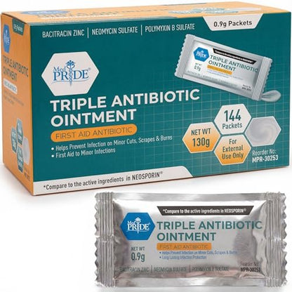 MED PRIDE Dreifach-Antibiotika-Salbe – 144 Einzelpackungen – Erste-Hilfe-Creme für Schnitte, Schürfwunden, Verbrennungen, Wunden & Hautreizungen – Tragbare Reisegröße Antibiotika-Salbe
