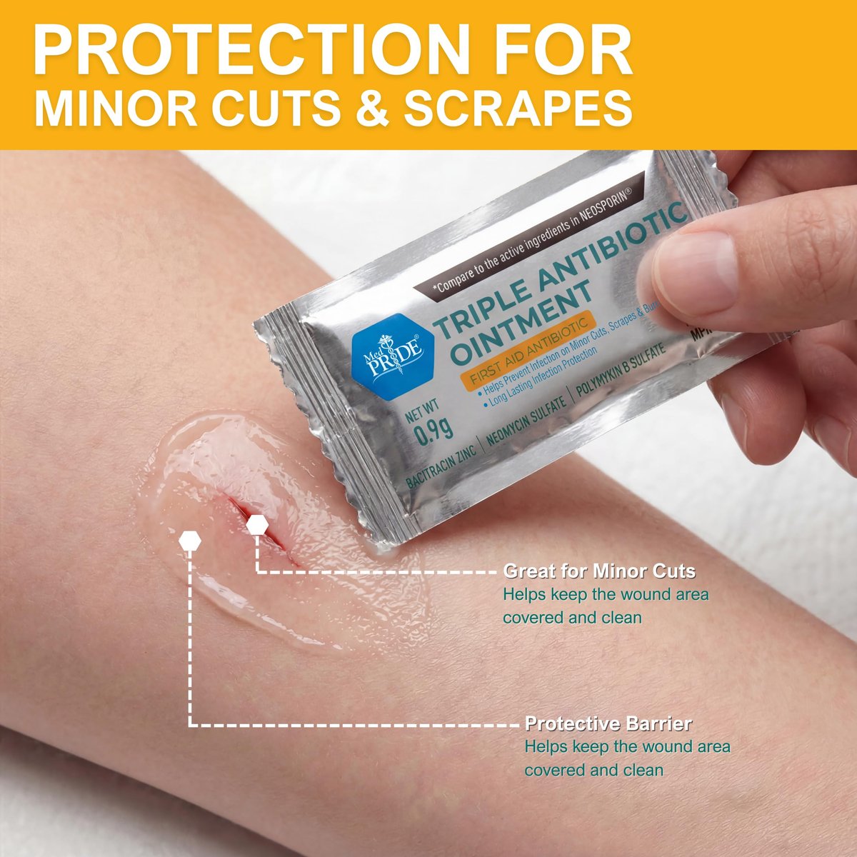 MED PRIDE Dreifach-Antibiotika-Salbe – 144 Einzelpackungen – Erste-Hilfe-Creme für Schnitte, Schürfwunden, Verbrennungen, Wunden & Hautreizungen – Tragbare Reisegröße Antibiotika-Salbe
