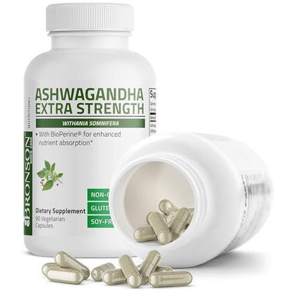 Bronson Ashwagandha Extra Strength Stress & Mood Support mit BioPerine – Nicht-GMO Formel, 90 vegane Kapseln