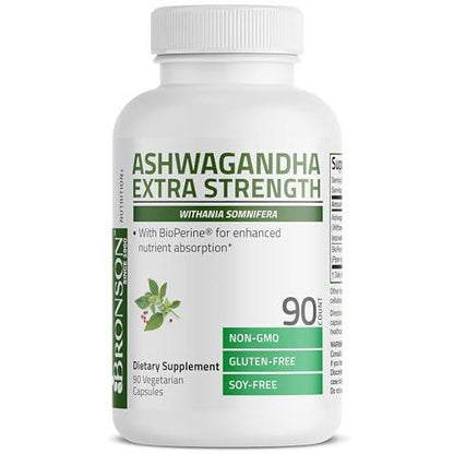 Bronson Ashwagandha Extra Strength Stress & Mood Support mit BioPerine – Nicht-GMO Formel, 90 vegane Kapseln