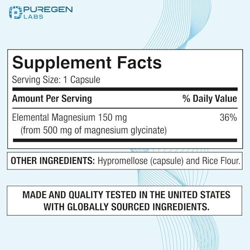 Magnesiumglycinat 500 mg [Hochpotenz] 120 vegane Kapseln, cheliert für überlegene Absorption | Ohne schädliche Zusätze | Nicht-GVO, ohne Gluten und Laktose, magenschonend