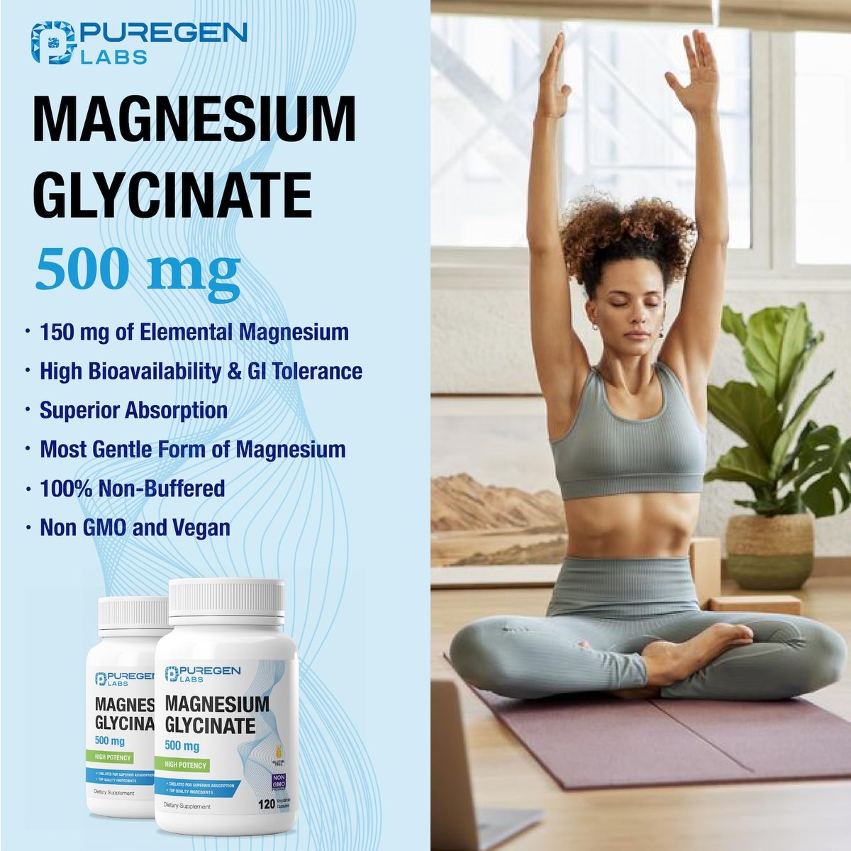 Magnesiumglycinat 500 mg [Hochpotenz] 120 vegane Kapseln, cheliert für überlegene Absorption | Ohne schädliche Zusätze | Nicht-GVO, ohne Gluten und Laktose, magenschonend