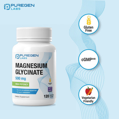 Magnesiumglycinat 500 mg [Hochpotenz] 120 vegane Kapseln, cheliert für überlegene Absorption | Ohne schädliche Zusätze | Nicht-GVO, ohne Gluten und Laktose, magenschonend