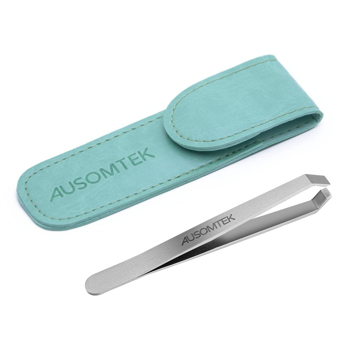 AUSOMTEK Pinzette für Bärte, weiße Haare zupfen, feine Haarentfernung, Augenbrauenformungswerkzeug, 5 mm Spitze, Edelstahl, cyanfarbene PU-Hülle, 1 Packung