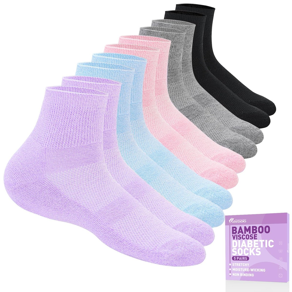 Revosoxs Diabetikersocken für Damen und Herren, 5 Paar, nicht einschnürend, weite, dehnbare, nahtlose Socken, Größe 7-9/9-11 (Hell-Mittel)