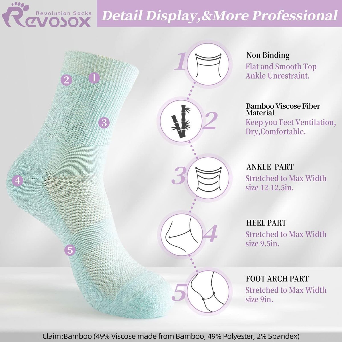 Revosoxs Diabetikersocken für Damen und Herren, 5 Paar, nicht einschnürend, weite, dehnbare, nahtlose Socken, Größe 7-9/9-11 (Hell-Mittel)