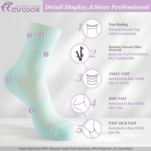 Revosoxs Diabetikersocken für Damen und Herren, 5 Paar – nicht einschnürend, nahtlos, dehnbar, Knöchelhöhe, in Schwarz/Grau/Pink/Lila/Himmelblau (Large)
