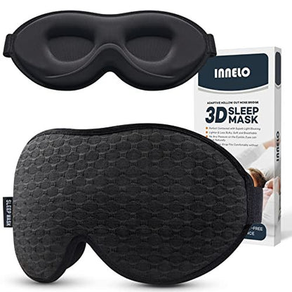 INNELO Schlafmaske für Seitenschläfer, 3D-Konturierte Schlafmaske für Damen und Herren, 100% Lichtblockierende Memory-Schaum-Augenmaske, Kein Druck auf die Augen, Schlafmaske für Reisen, Yoga, Schwarz