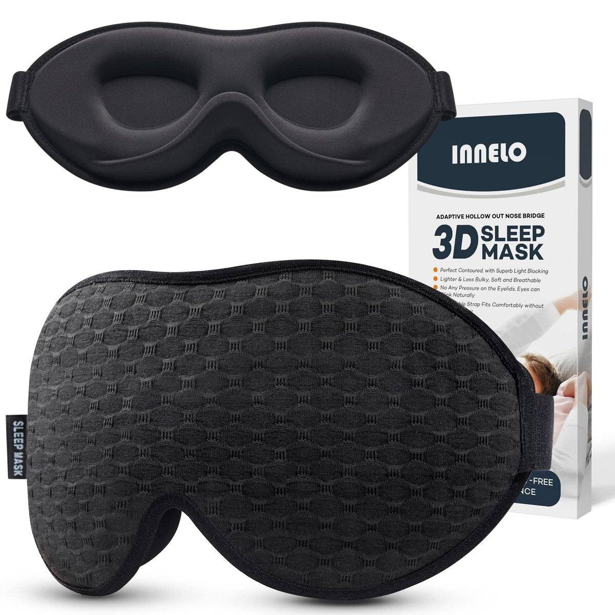 INNELO Schlafmaske für Seitenschläfer, 3D-Konturierte Schlafmaske für Damen und Herren, 100% Lichtblockierende Memory-Schaum-Augenmaske, Kein Druck auf die Augen, Schlafmaske für Reisen, Yoga, Schwarz