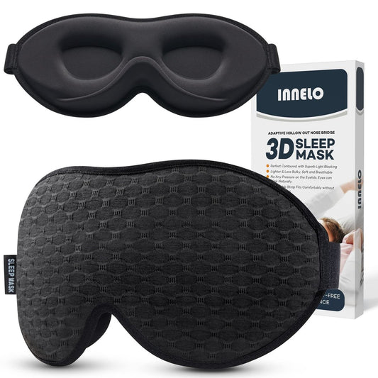 INNELO Schlafmaske für Seitenschläfer, 3D-Konturierte Schlafmaske für Damen und Herren, 100% Lichtblockierende Memory-Schaum-Augenmaske, Kein Druck auf die Augen, Schlafmaske für Reisen, Yoga, Schwarz