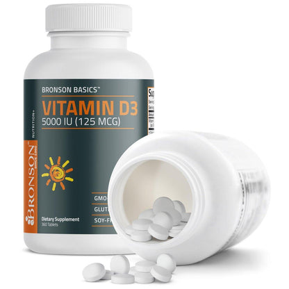 Bronson Vitamin D3 5000 IE (125 µg) – für gesunde Muskelfunktion und Immununterstützung, Non-GMO, 360 Tabletten
