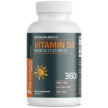 Bronson Vitamin D3 5000 IE (125 µg) – für gesunde Muskelfunktion und Immununterstützung, Non-GMO, 360 Tabletten