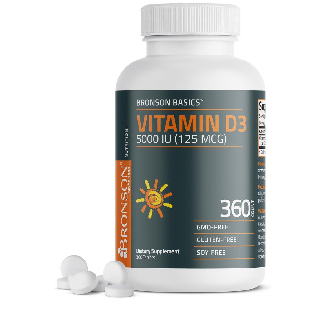 Bronson Vitamin D3 5000 IE (125 µg) – für gesunde Muskelfunktion und Immununterstützung, Non-GMO, 360 Tabletten