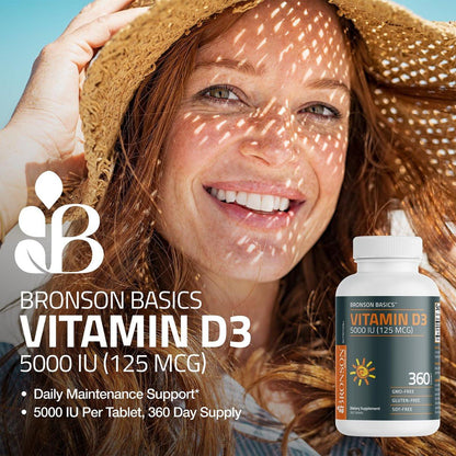 Bronson Vitamin D3 5000 IE (125 µg) – für gesunde Muskelfunktion und Immununterstützung, Non-GMO, 360 Tabletten