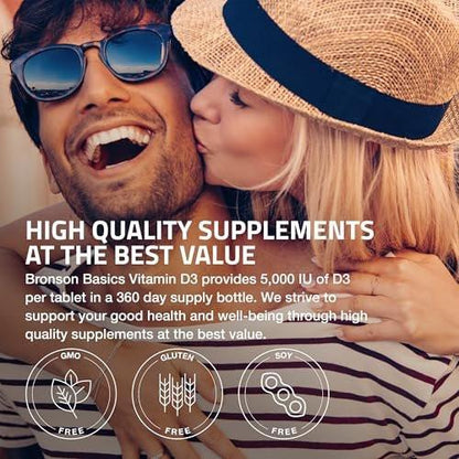 Bronson Vitamin D3 5000 IE (125 µg) – für gesunde Muskelfunktion und Immununterstützung, Non-GMO, 360 Tabletten
