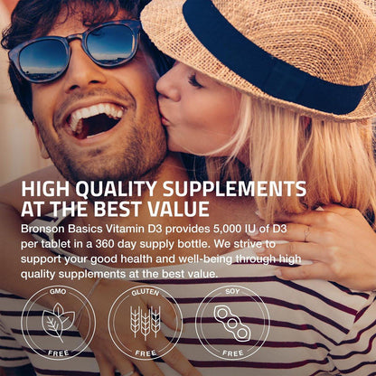 Bronson Vitamin D3 5000 IE (125 µg) – für gesunde Muskelfunktion und Immununterstützung, Non-GMO, 360 Tabletten