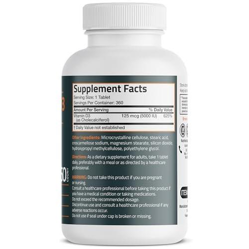 Bronson Vitamin D3 5000 IE (125 µg) – für gesunde Muskelfunktion und Immununterstützung, Non-GMO, 360 Tabletten