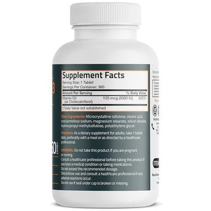Bronson Vitamin D3 5000 IE (125 µg) – für gesunde Muskelfunktion und Immununterstützung, Non-GMO, 360 Tabletten