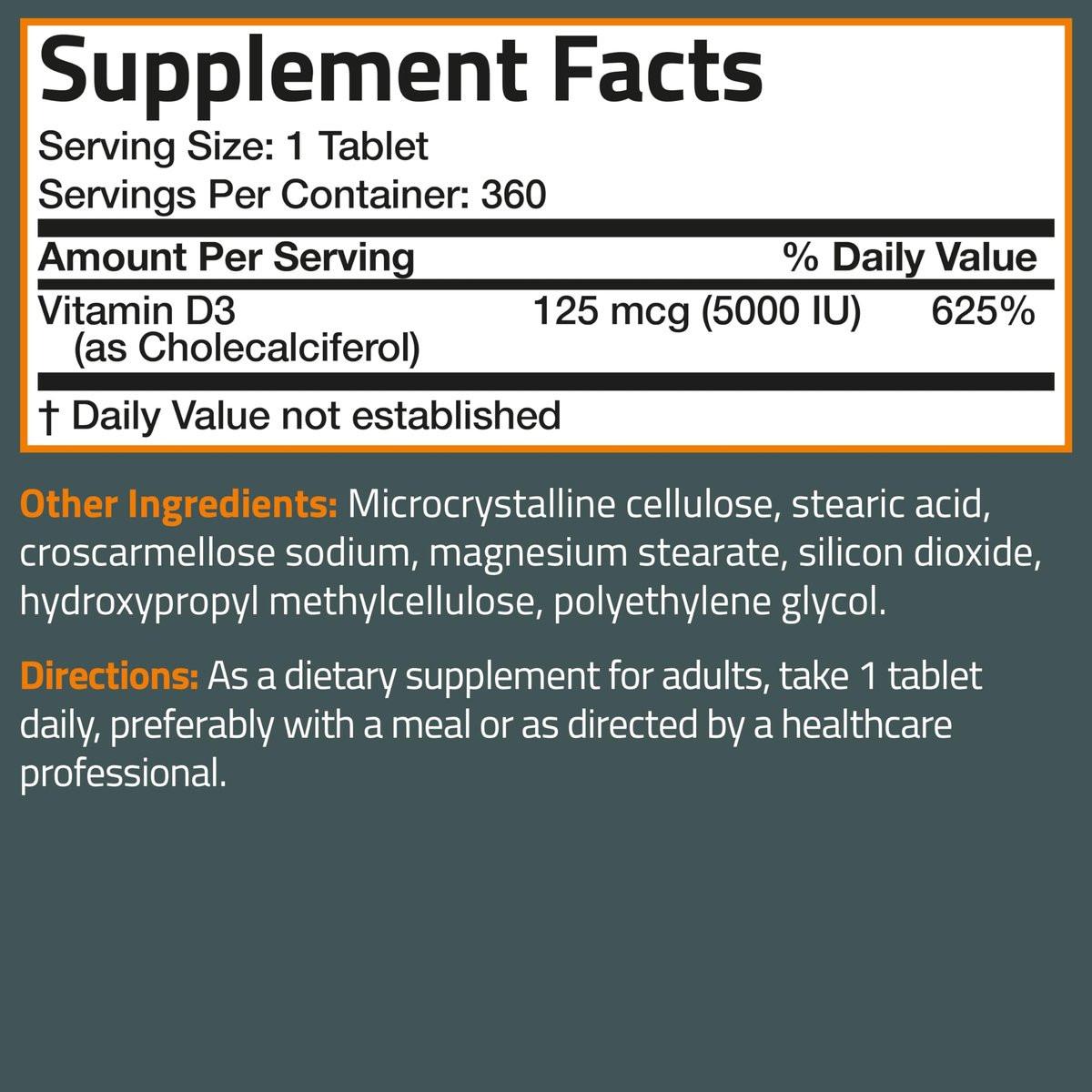 Bronson Vitamin D3 5000 IE (125 µg) – für gesunde Muskelfunktion und Immununterstützung, Non-GMO, 360 Tabletten