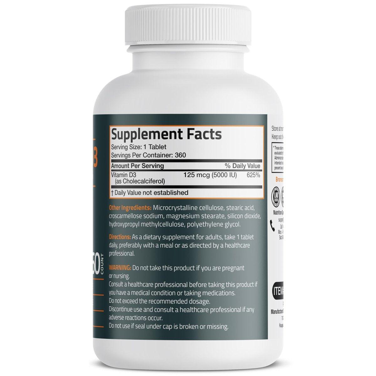 Bronson Vitamin D3 5000 IE (125 µg) – für gesunde Muskelfunktion und Immununterstützung, Non-GMO, 360 Tabletten